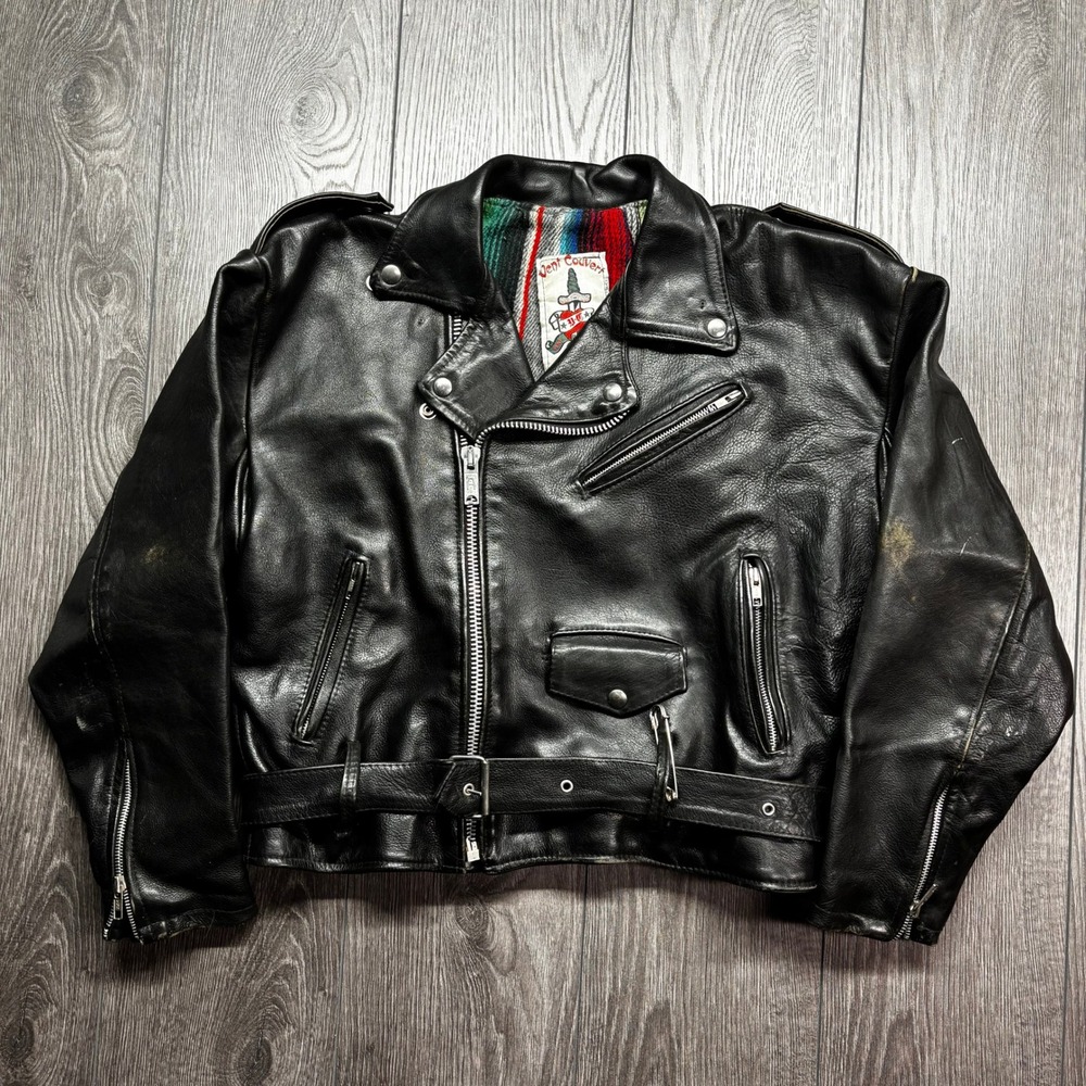 Vent Couvert France Vintage Black Leather Biker Jacket Striped Lining Size 1